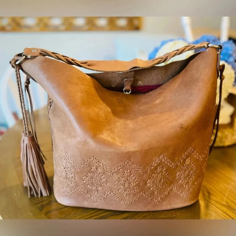 Isabella Fiore Vintage Hobo Cognac Leather Tassle Braided Stitching Detailed Bag
